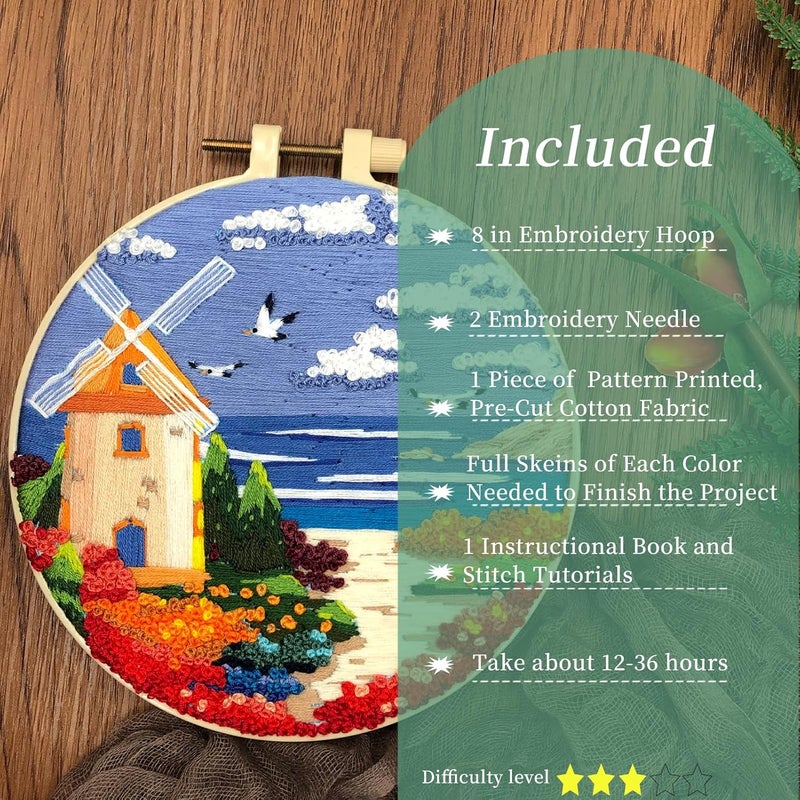 FONNUY Embroidery Kit for Beginners, Boho Nature Landscape Pre-Stamped Pattern Kits for Adults with Hoop, Easy to Follow Color Thread Needlework, 8'' Hoop (Beach House) - Image 2